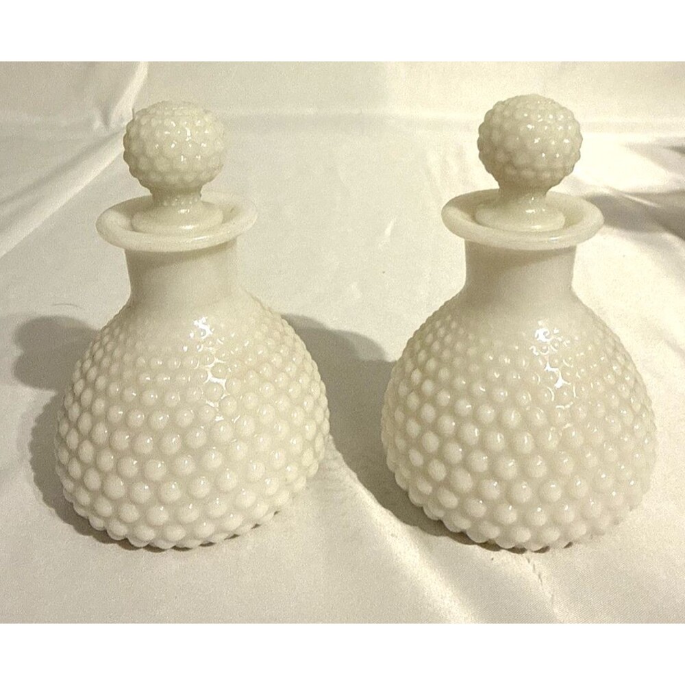 Vintage White Hobnail Pattern Milk Glass Perfume Bottles Decanters Set Of 2